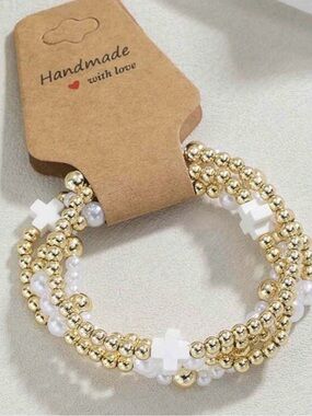 Elegant Gold Signature Cross Stacked Bracelet Set